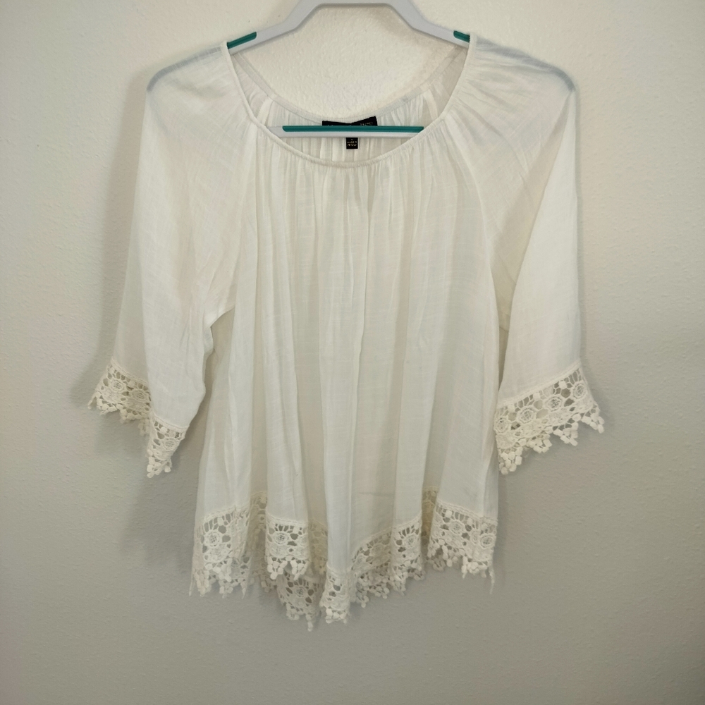 Always Indigo White gauze‎ peasant blouse Size L Cottagecore Boho Chic Peasant